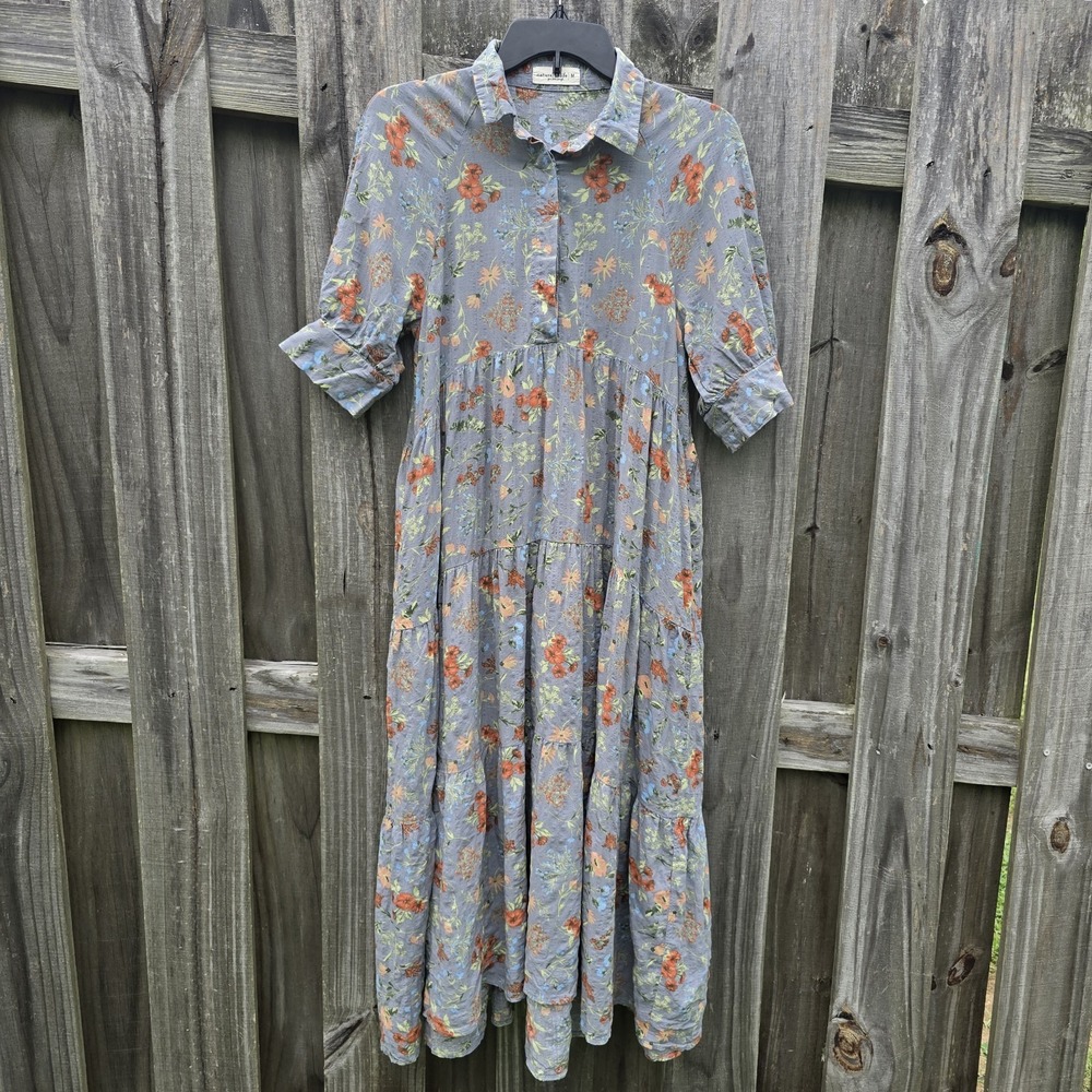 Natural Life Dress Womens M Floral Tiered Maxi Button Front Boho Cottagecore